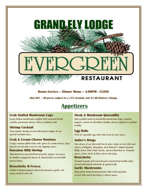 Room Service Dinner Menu Grand Ely Lodge