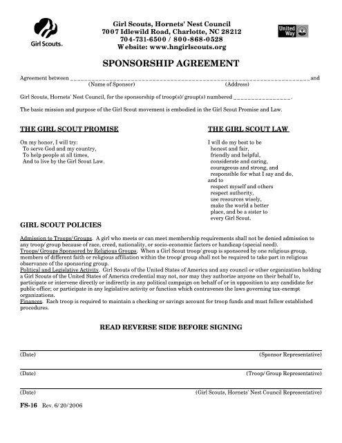 Sponsorship Agreement - the Girl Scouts, Hornets' Nest Council.
