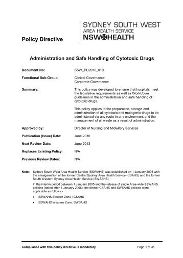 Administration and Safe Handling of Cytotoxic Drugs - Sydney South ...