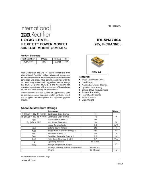 hexfet® power mosfet surface mount (smd-0.5) 20v, p ... - Datasheet