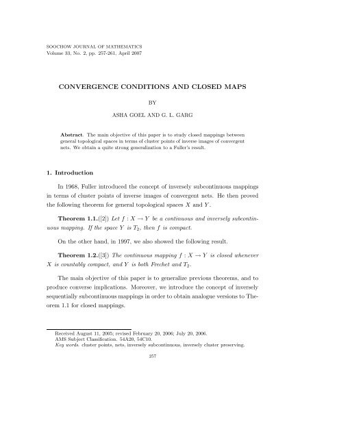 convergence conditions and closed maps - Soochow Journal of ...