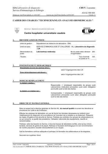 Cahier des charges - Service d'immunologie et d'allergie