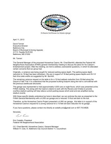 Letter of support for Horseshoe Casino's BMZA variance application