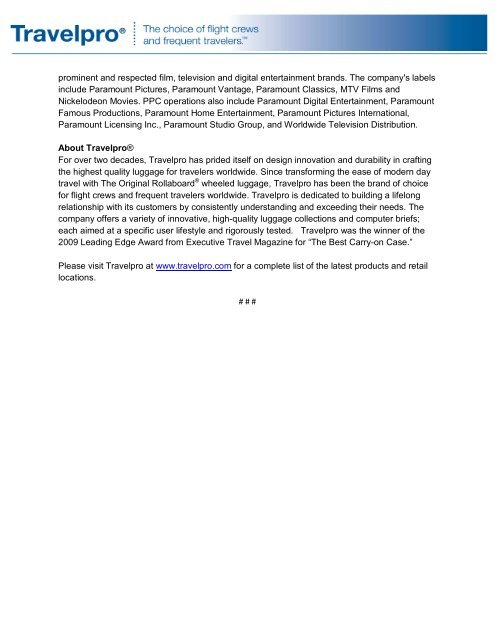 Travelpro Up in the Air Press Release TGA 11-6-09 - Travel Goods ...