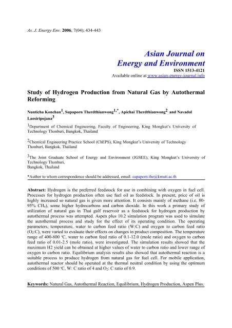 Study of hydrogen production from natural gas by auto-thermal ...