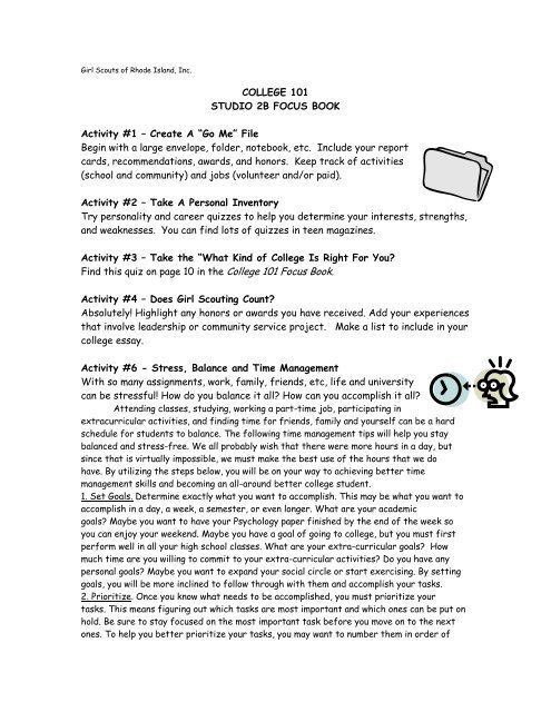 COLLEGE 101 STUDIO 2B FOCUS BOOK Activity #1 - Girl Scouts of 
