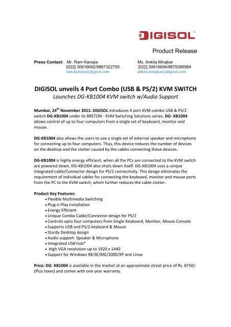 DIGISOL unveils 4 Port Combo (USB & PS/2) KVM ... - Digisol.com