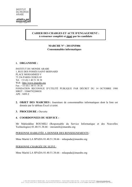 CAHIER DES CHARGES ET ACTE D'ENGAGEMENT - Institut du ...