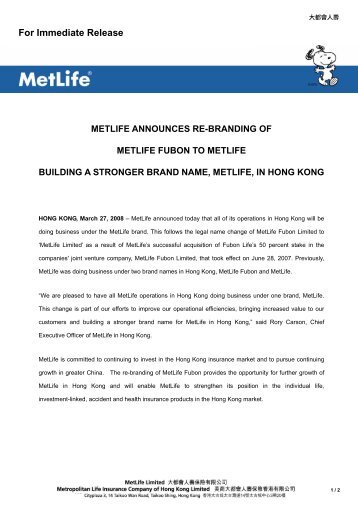 MetLife Announces Re-branding of MetLife Fubon to MetLife ...