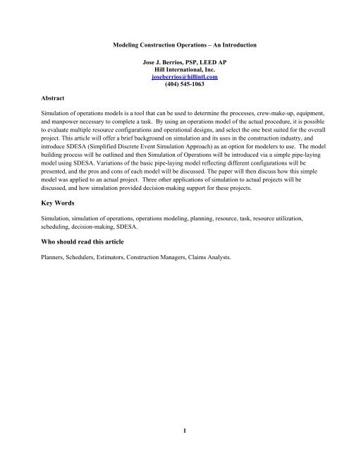 Modeling Construction Operations - An Introduction - CMAA