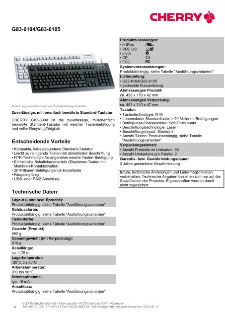 G83-6104/G83-6105 Entscheidende Vorteile Technische ... - Cherry