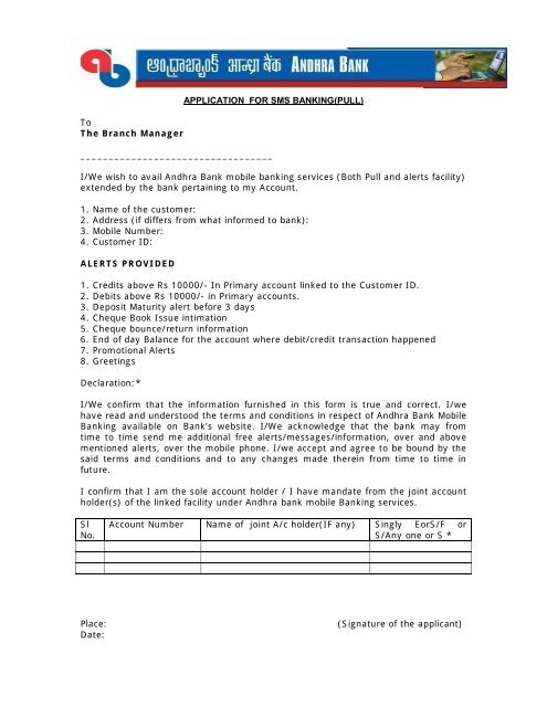 Application For Sms Banking Pull To The Andhra Bank