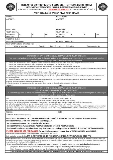 BELFAST & DISTRICT MOTOR CLUB Ltd. â OFFICIAL ENTRY FORM