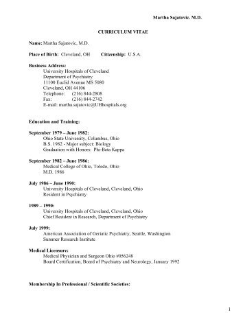 Martha Sajatovic. M.D. 1 CURRICULUM VITAE Name:Martha ...