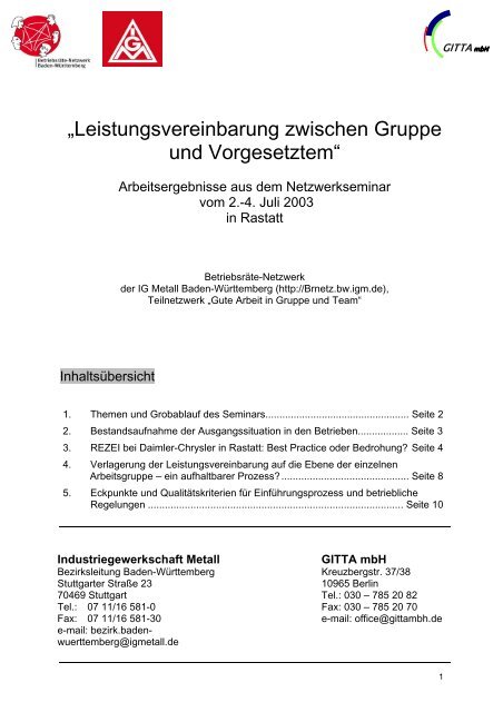 Ã¢Â€ÂžLeistungsvereinbarung zwischen Gruppe und ... - IG Metall