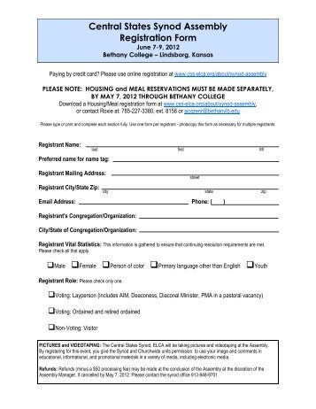 Central States Synod Assembly Registration Form