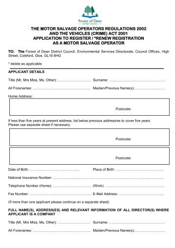 Motor Salvage Application Form (pdf) - Forest of Dean District Council