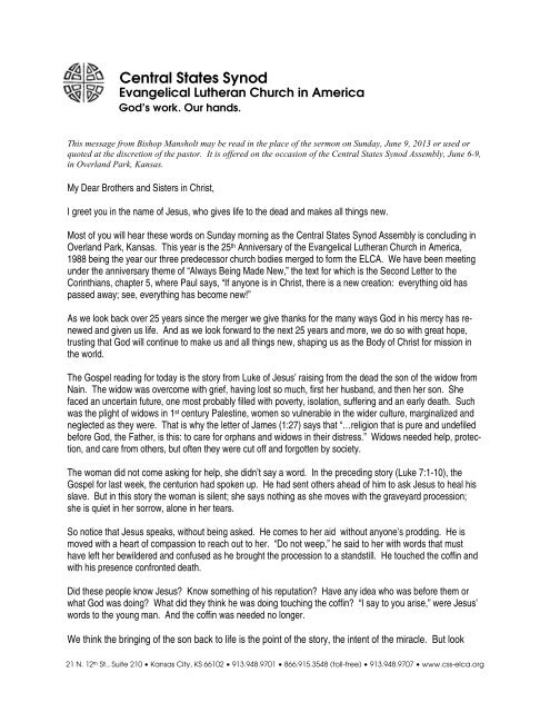 Bishop's Letter - Central States Synod