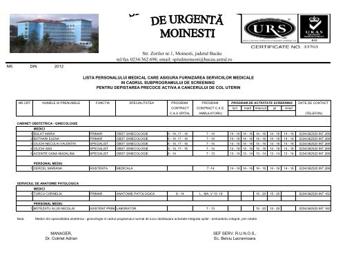 Lista personalului medical care asigura furnizarea ... - Spital Moinesti