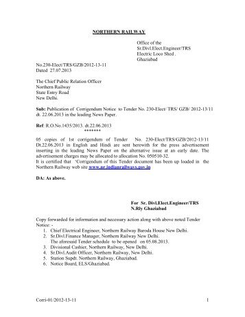 Download Tender Notice Corrigendum - Northern Railway