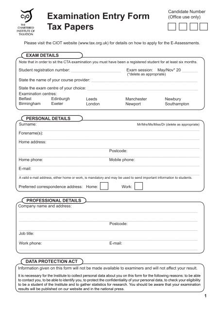 Examination Entry Form - CIOT - The Chartered Institute of Taxation