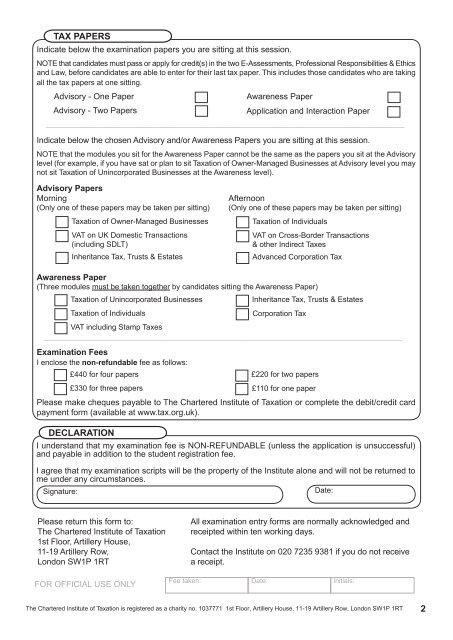 Examination Entry Form - CIOT - The Chartered Institute of Taxation