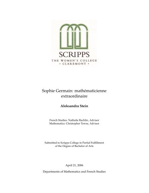 Sophie Germain: mathématicienne extraordinaire - Scripps College