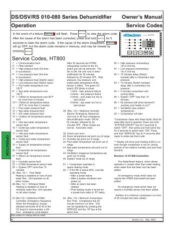 HT-800 Product Service Codes / Diagnostics - Dry-O-Tron by Dectron