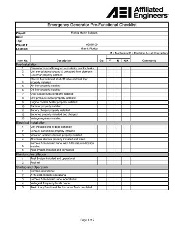 Emergency Generator Pre-Functional Checklist