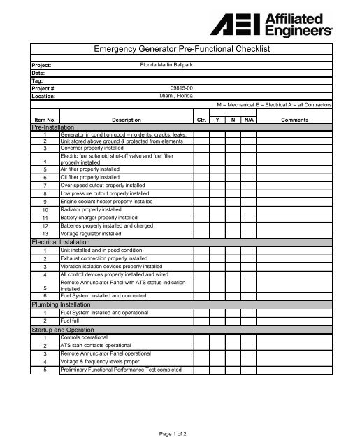 Emergency Generator Pre-Functional Checklist