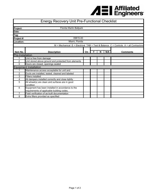 Energy Recovery Unit Pre-Functional Checklist