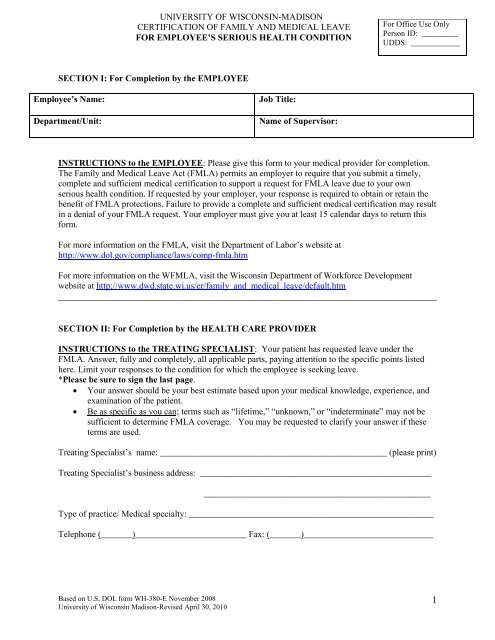 FMLA Form-Employee - OHR - University of Wisconsin–Madison