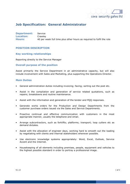 Job Specification: General Administrator - Cova Security Gates