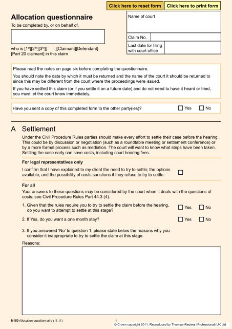 Model Allocation Questionnaire N150 Allocation questionnaire - Civil Procedure | Westlaw UK