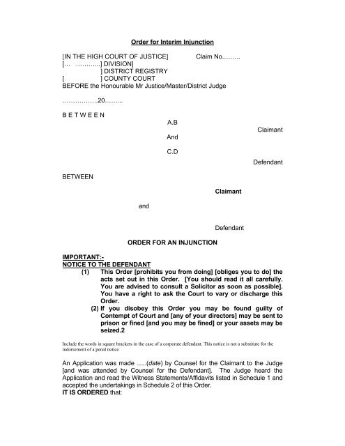 Order for Interim Injunction IN THE HIGH COURT OF JUSTICE Order for Interim Injunction IN THE HIGH COURT OF JUSTICE
