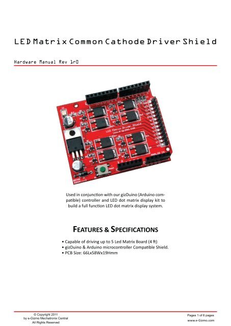 LED Matrix Common Cathode Driver Shield - E-Gizmo