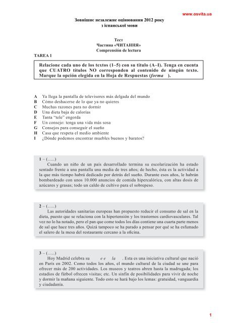 Relacione cada uno de los textos (1–5) con su título (A–I). Tenga en ...