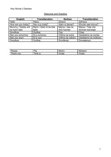 Key Words 3 Serbian Welcome and Greeting English Transliteration ...