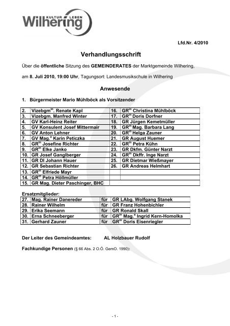 Sitzung vom 08.07.2010 (63 KB) - .PDF - Gemeinde Wilhering