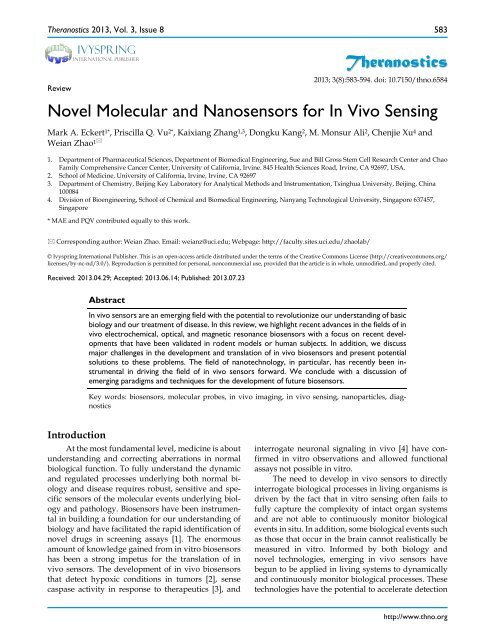 Theranostics Novel Molecular and Nanosensors for In Vivo Sensing