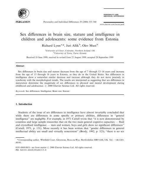 Sex differences in brain size, stature and intelligence in children and ...