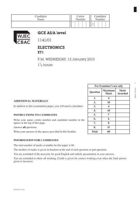 GCE AS/A level 1141/01 ELECTRONICS - WJEC