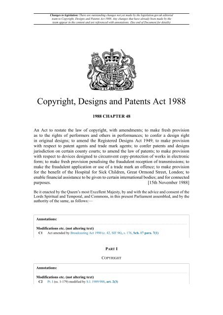 Copyright Designs &amp; Patents Act 1998 - MoneyClaimsUK