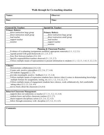 Special Education Co-Teaching Observation Form