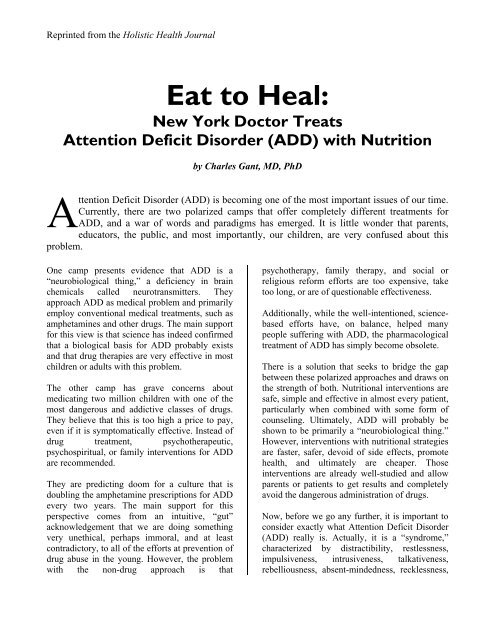 Eat to Heal: - Charles Gant, MD, PhD
