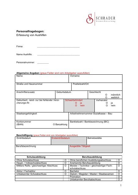 Fragebogen fÃƒÂ¼r Aushilfen - Steuerberatung Schrader