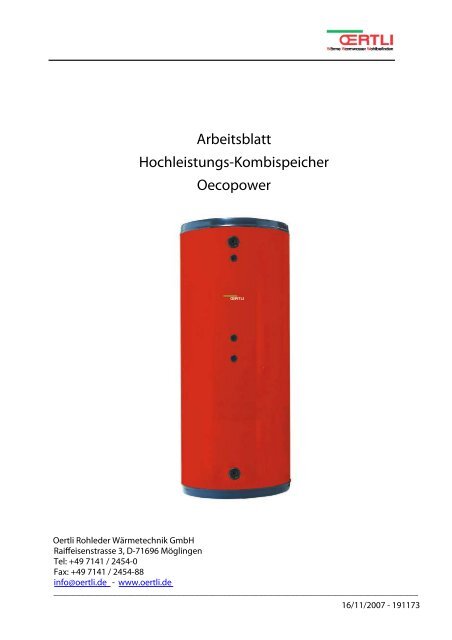 Arbeitsblatt Hochleistungs-Kombispeicher Oecopower - Oertli