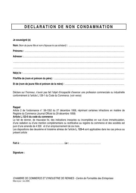 DECLARATION DE NON CONDAMNATION - CCI Rennes