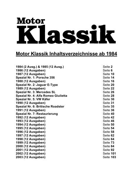 Motor Klassik Inhaltsverzeichnisse Ab 1984 Peter Scheibl