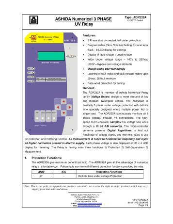 ASHIDA Numerical 3 PHASE UV Relay